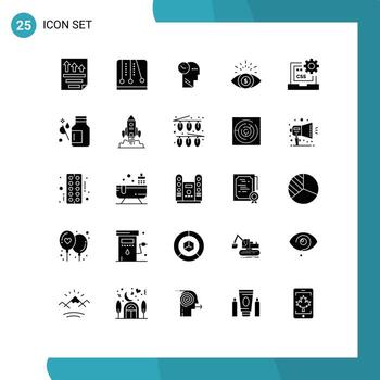 paquete de 25 signos y símbolos modernos de glifos sólidos para medios de impresión web, como la codificación de elementos de diseño de vectores editables de cabeza de inversión de videojuegos de ojo de dinero
