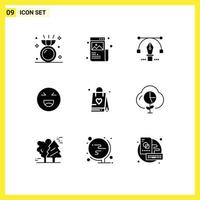Group of 9 Modern Solid Glyphs Set for shopping bag smile image emoji education Editable Vector Design Elements