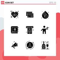 Mobile Interface Solid Glyph Set of 9 Pictograms of contacts business finance book water Editable Vector Design Elements