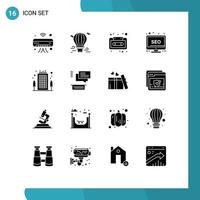 Modern Set of 16 Solid Glyphs Pictograph of monitor seo airballoon desktop cassette Editable Vector Design Elements