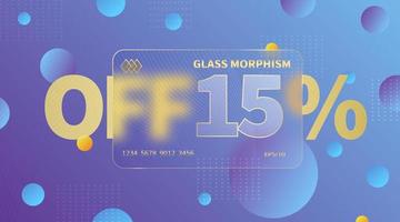 Glass morphism effect. Transparent frosted acrylic card. Discount Subscription log in form. Color gradient circles on black blue background. Realistic glassmorphism matte plexiglass shape. Vector