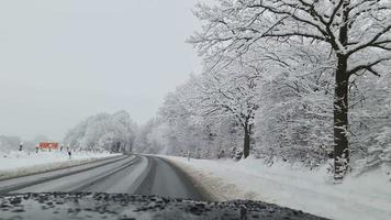 Blick von der Windschutzscheibe eines Autos, das auf einer verschneiten Straße mit vielen schneebedeckten Bäumen fährt. video