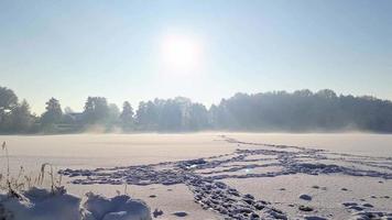 Visualizza al di sopra di congelato lago con neve su esso nel chiaro soleggiato tempo atmosferico. video