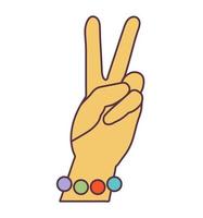 Retro 70s Groovy Hippie sticker hand peace symbol. Psychedelic cartoon element -funky illustration in vintage hippy style. Vector flat illustration for banner, flyer, invitation, card.