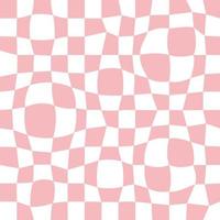 Trippy grid retro distorted chessboard background. Vintage groovy pink abstract geometric pattern for textile. Vector hippie 70s 80s style illustration for poster, flyer, greeting card, banner.