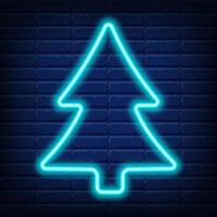 Christmas neon fir tree icon. Neon green Christmas tree shape on dark blue brick wall background. New Year symbol isolated vector Illustration suitable for flyer, banner, greeting card, poster.