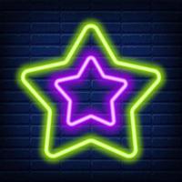 Christmas neon green star icon. Neon green Christmas star shape on dark blue brick wall background. New Year symbol isolated vector Illustration suitable for flyer, banner, greeting card, poster.