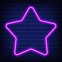Christmas neon purple star icon. Neon green Christmas star shape on dark blue brick wall background. New Year symbol isolated vector Illustration suitable for flyer, banner, greeting card, poster.
