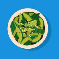 Ensalada asiática de pepino con sésamo sobre fondo azul. vector