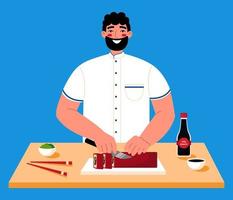 Sushi chef cooking asian dish -  sushi isolated on blue background. vector