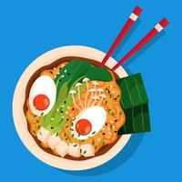 ramen de sopa japonesa con fideos, verduras, huevos, tofu, hojas de nori, champiñones y palillos sobre fondo azul vector