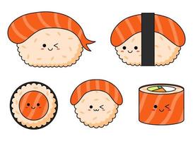 Kawaii salmon sushi set with smiling face and pink cheeks isolated on a white background. Japanese cartoon style. vector