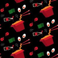 Seamless pattern with japanese ramen on black background. Japanese soup, prawns, eggs and soy sauce. vector
