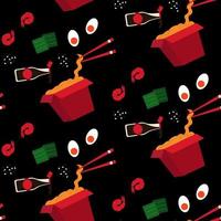 Seamless pattern with japanese ramen on black background. Japanese soup, prawns, eggs and soy sauce. vector