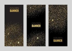 Conjunto de banners verticales negros y dorados, diseño de tarjetas de felicitación. polvo de oro. ilustración vectorial plantilla de invitación de póster. vector