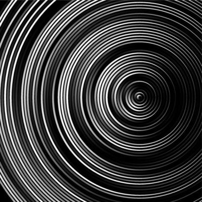 Spiral, concentric lines, circular, rotating background. Black and white radial rings on a black background.
