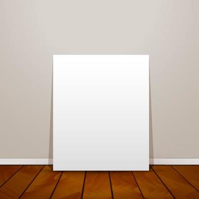 Blank frame paper sheet on wall background and wooden floor. Vector illustration .