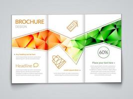 Tri-fold modern brochure design template with trendy polygonal background orange green on white vector