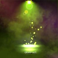 Premiere Green Show background sparkles. Smoky vector stage shining with rays spotlight on glowing particles