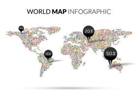 Infografía de ilustración de puntos coloridos del mapa mundial con alfileres de puntos y porcentaje sobre fondo oscuro. Ilustración de vector de dotwork de semitono