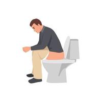 Young man get idea in toilet sit and think while his hand on chin. Flat vector illustration isolated on white background