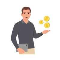 Young man holding coins in one hand and holding tablet phone in another. Flat design style minimal. Vector illustration isolated on white background