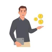 joven sosteniendo monedas en una mano y sosteniendo una tableta en otra. estilo de diseño plano mínimo. ilustración vectorial aislado sobre fondo blanco vector