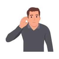 Say more loudly. Man smiling and having his hand hear his ear and showing that he cant hear. Deaf guy. Flat vector illustration isolated on white background