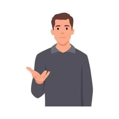 Young man standing and talking with hand gesture trying to convict. Flat vector illustration isolated on white background