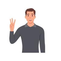 el personaje del joven levanta la mano para mostrar el conteo número 3. ilustración vectorial plana aislada en fondo blanco vector