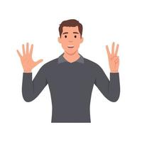 Young man Character raise his hand to show the count number 8. Flat vector illustration isolated on white background