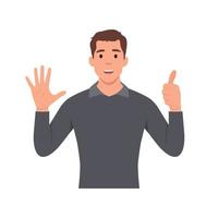 Young man Character raise his hand to show the count number 6. Flat vector illustration isolated on white background