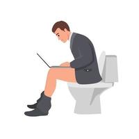 Young man sitting on toilet Using Laptop. Flat vector illustration isolated on white background