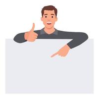 Young man is standing behind the white blank banner and pointing down at a copy space with one thumb up. Flat vector illustration isolated on white background