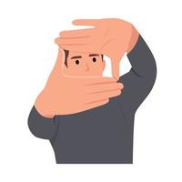 Young man focusing with his fingers, making frame with hands. Man focusing to you. Gesturing finger frame and looking through it. Flat vector illustration isolated on white background