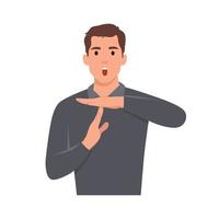 Young man upset showing a timeout gesture, needs stop, asks time for rest after hard work, demonstrates break hand sign. Flat vector illustration isolated on white background