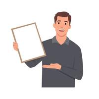 Young man holding or showing a blank clipboard. Flat vector illustration isolated on white background