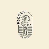 Podcast vintage style logo design. Hand drawn monochrome microphone vector illustration