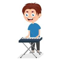 niño pequeño tocando el piano, joven pianista en el rendimiento, ilustración vectorial de dibujos animados sobre fondo blanco vector
