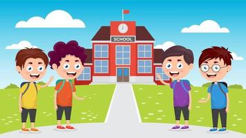 welcome back to school, kids in front of school cartoon vector illustration