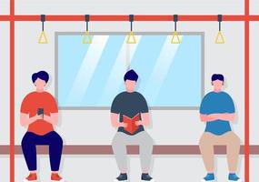 subway train car interior with passengers cartoon vector illustration