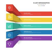 Diagrama de 5 puntos de pasos, diseño de lista 3d, vector de plantilla de elemento infográfico con iconos