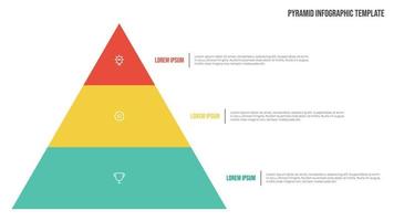 Pyramid list infographic template vector with 3 points and icons. Use to show proportional, interconnected, or hierarchical relationships. Use for presentation slide, banner, brochure, flyer.