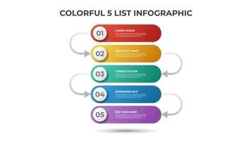 diseño colorido con 5 puntos de pasos o lista con flechas, vector de plantilla de elemento infográfico.