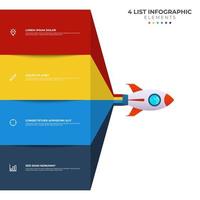 List diagram with 4 points of steps, sequence, colorful rocket launch startup, infographic element template vector. vector