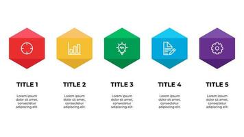 infographic element, data visualization template vector, hexagon design with 5 steps, options, list, process, points. vector