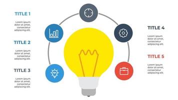 Vector de elementos infográficos circulares de 5 puntos con bombilla, visualización de ideas de negocios, pasos, opciones, procesos, flujo de trabajo, línea de tiempo, etc.