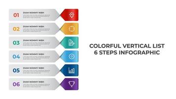 Vertical list infographic element template, business data visualization layout with 6 points of step vector. vector