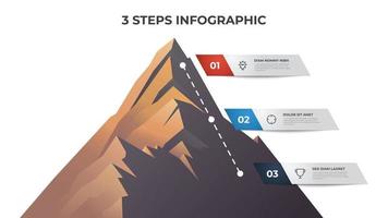 plantilla de elemento infográfico con 3 pasos, lista, viñeta, opciones, diagrama de línea de tiempo con vector de montaña