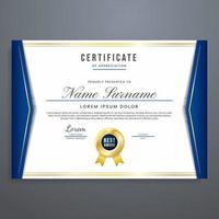 vector de plantilla de certificado, vector de diseño de borde con colores azul y dorado, multipropósito, puede usarse para reconocimiento, asistencia, diploma, etc.